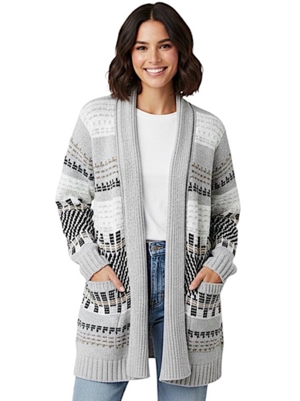 cupcakes & cashmere neutral multi patterned open front soft cozy chunky cardigan